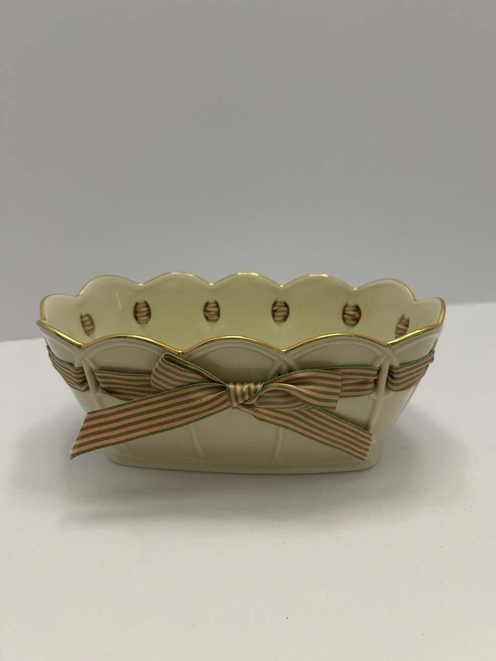 Lenox Porcelain Scalloped Basket with Pink and Green Striped Ribbon
